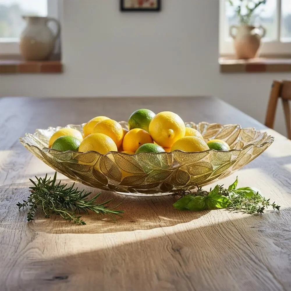 Large Turkish Art Glass Centerpiece Bowl-Gold Leaf-Reverse Painted-Fruit-Console